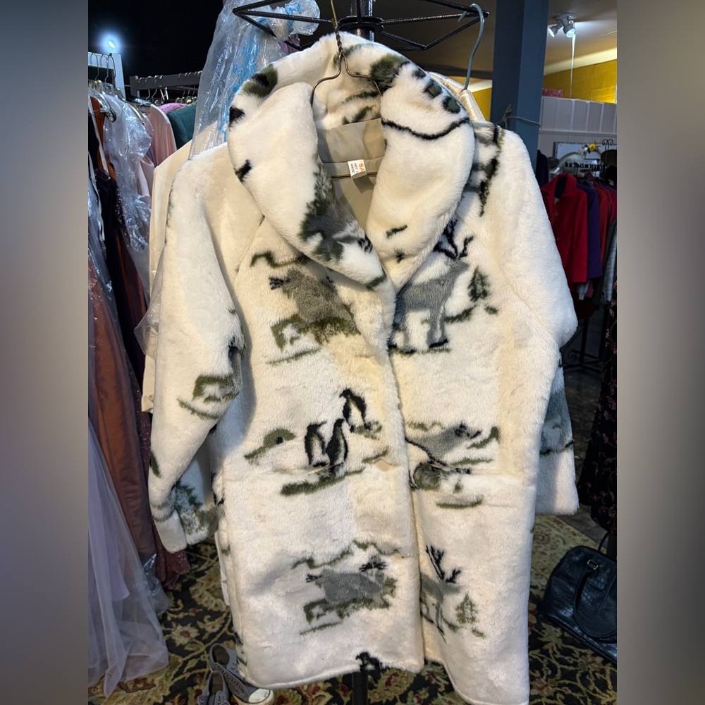 Funky Fun Fuzzy Furry White Black Teddy Jacket Coat Vintage Retro